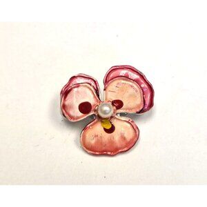 Vintage Pink Enamel Pansy Flower Brooch With Faux Pearl Center
